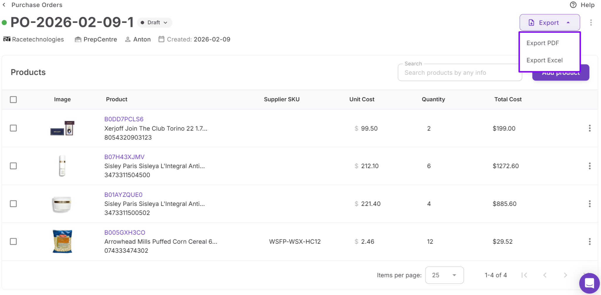 Satın alma siparişini dışa aktarın