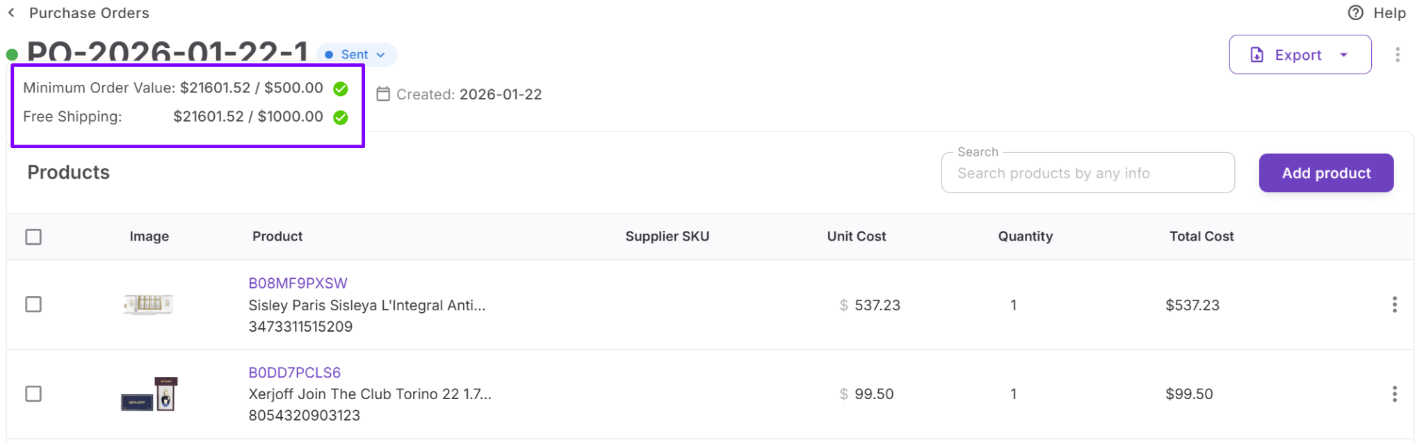 Within the order interface, visual indicators show whether the current order meets supplier thresholds