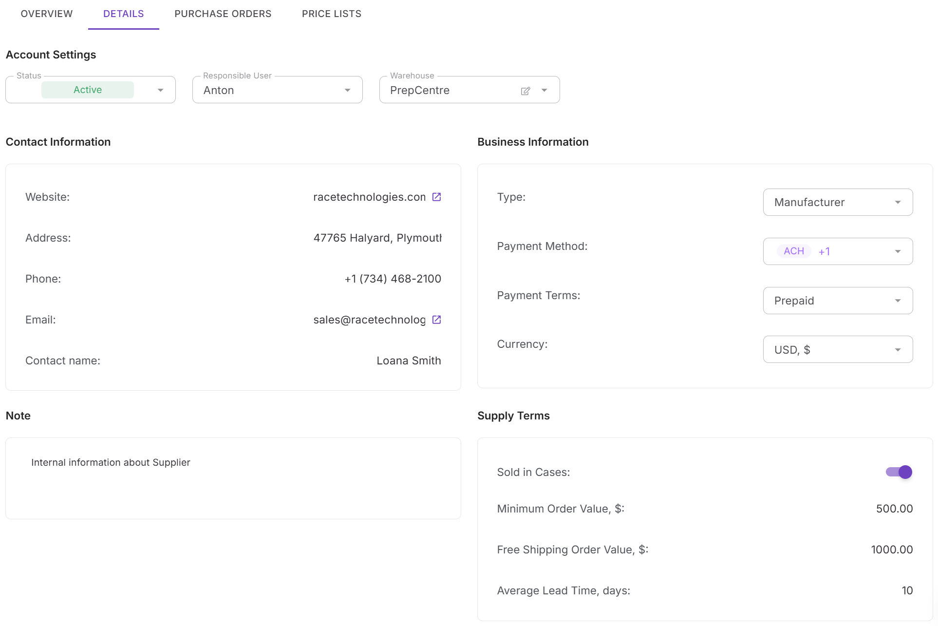 Tedarikçi profilindeki Ayrıntılar sekmesi