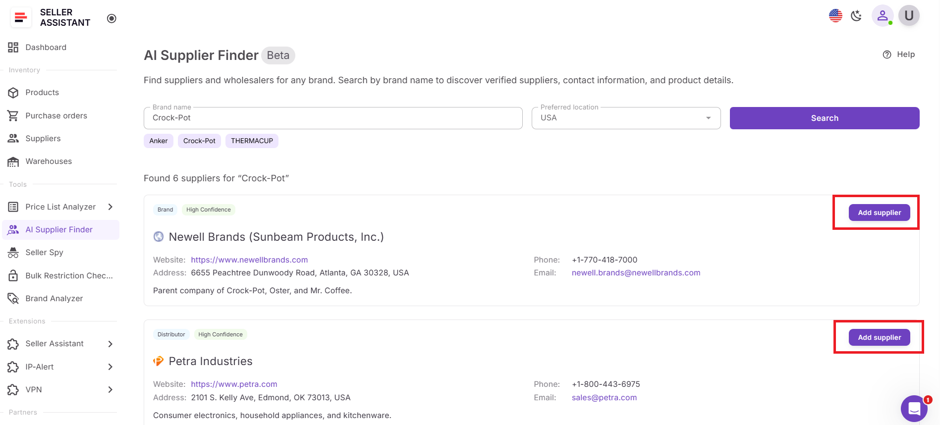 Los proveedores descubiertos a través del Buscador de proveedores con IA pueden guardarse directamente en la base de datos de proveedores