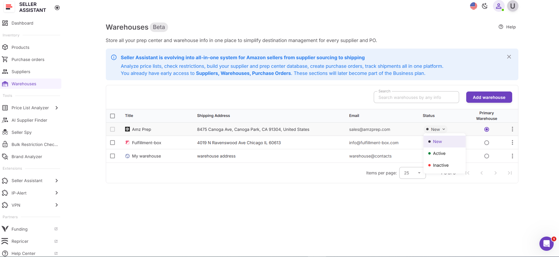 Установите статус склада