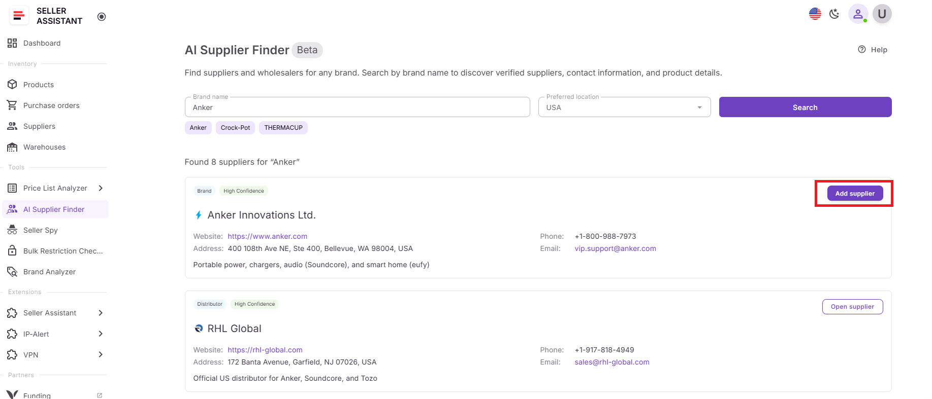 Add Supplier creates a new profile and fills in available data automatically