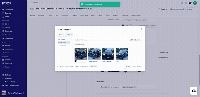 Loopit image library showing Add Photos modal with Remove Background, Tidy Up and Compress options and vehicle thumbnails with custom tags