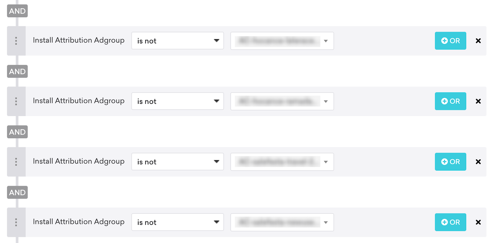 브레이즈 세그먼테이션 필터를 활용한 행동 데이터 기반 타겟팅 예시 — 마이리얼트립 그로스마케팅팀에서 Install Attribution 필터를 사용해 고객을 세분화한 화면