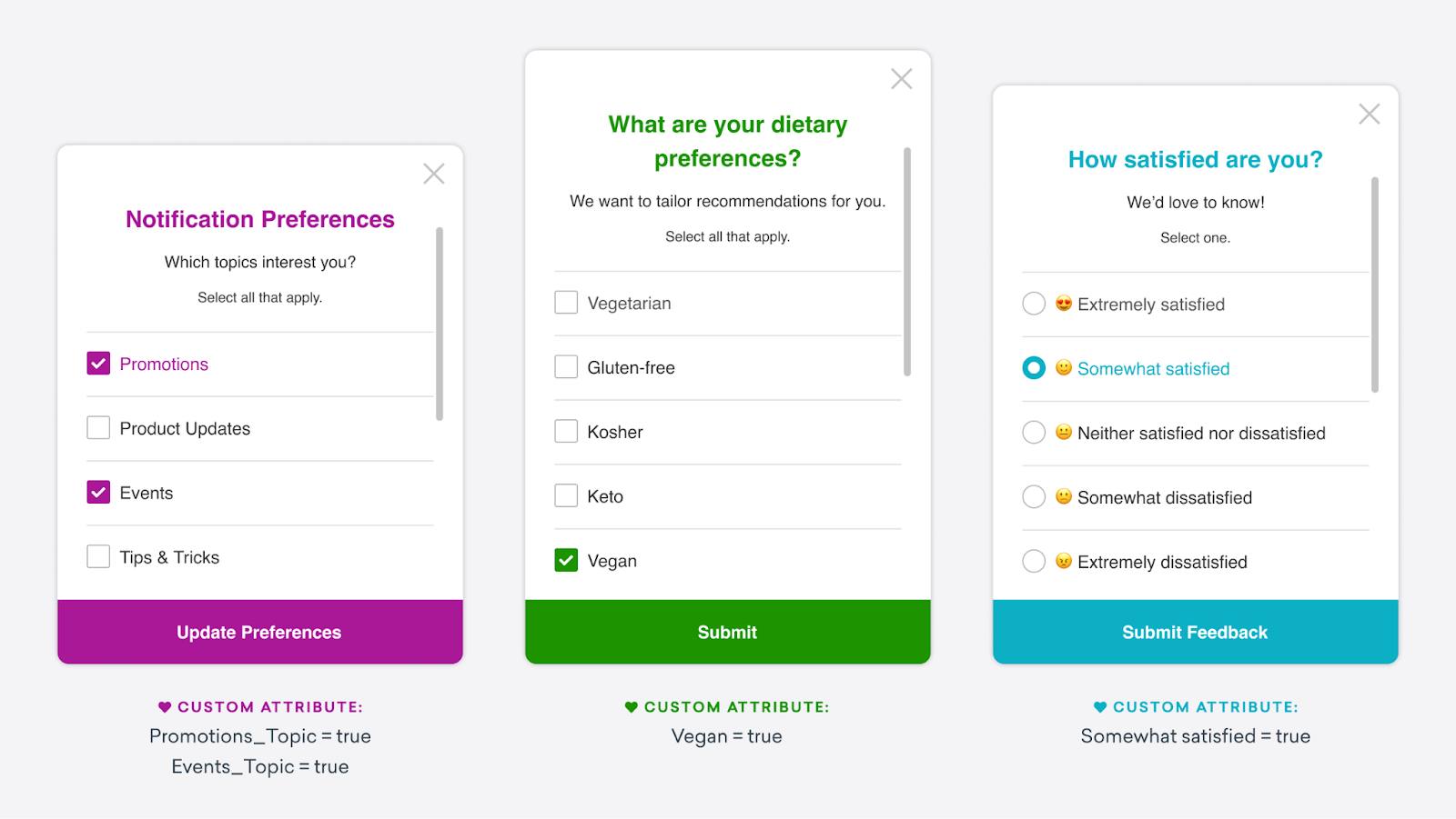 브레이즈 심플 서베이 인앱메시지 화면 — 고객에게 간단한 설문을 진행해 제로 파티 데이터를 수집하고 이를 기반으로 개인화 메시지를 설계할 수 있는 기능