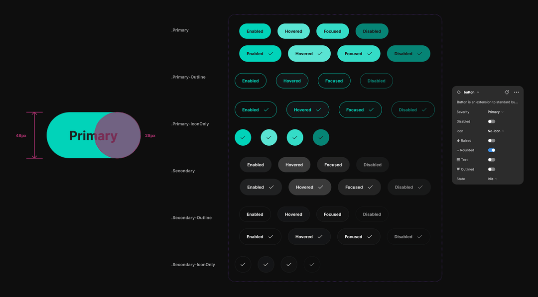 Button component set — severity, state and icon variants with sizing spec