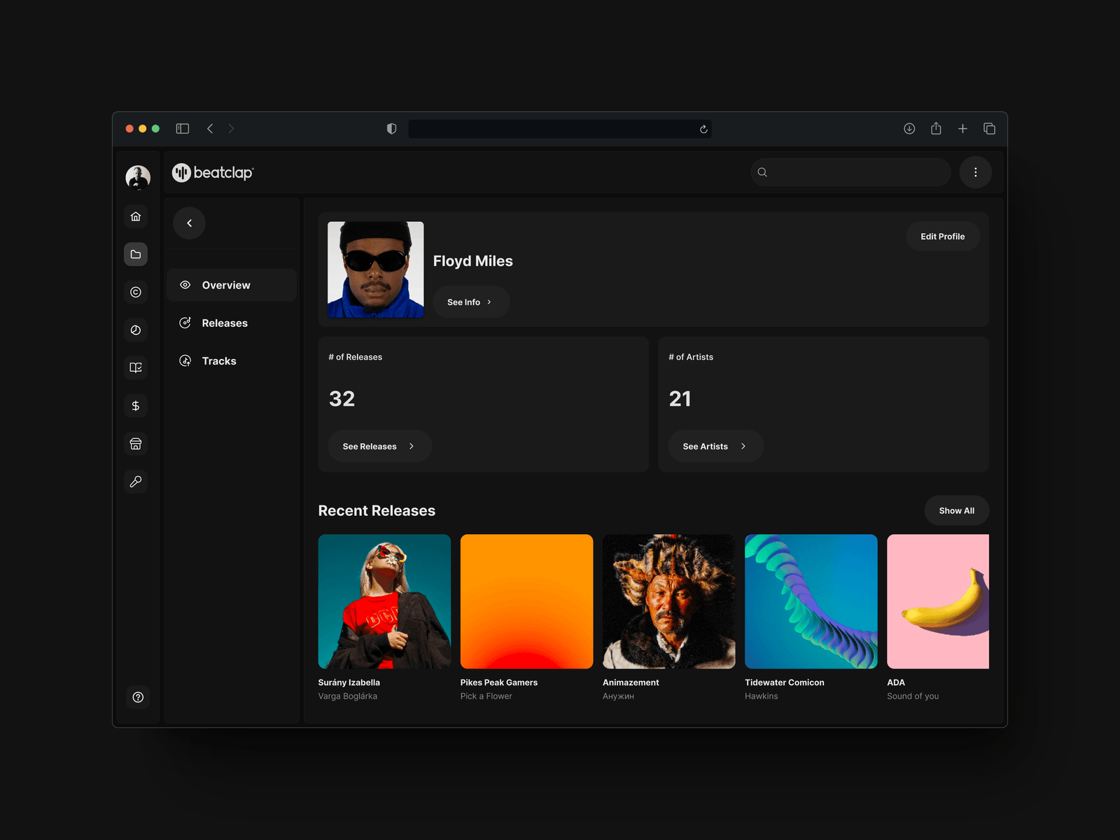 Label overview — releases, artists and recent activity metrics for a label