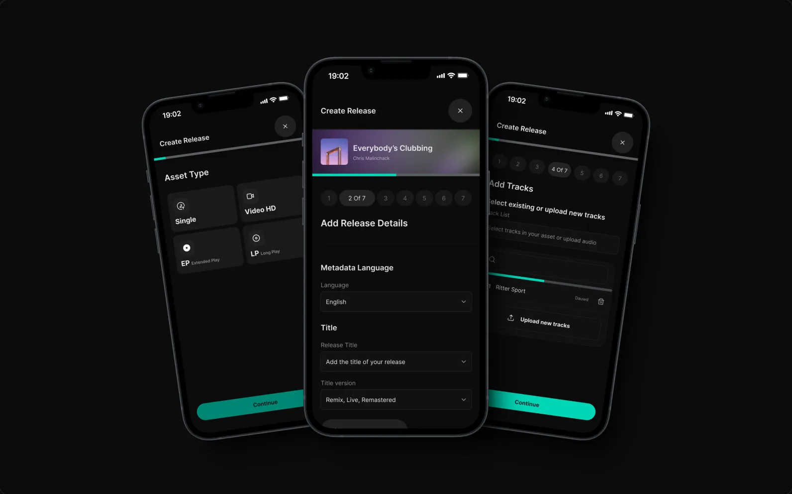 Mobile release creation — step-by-step flow with metadata and track upload across three phone screens