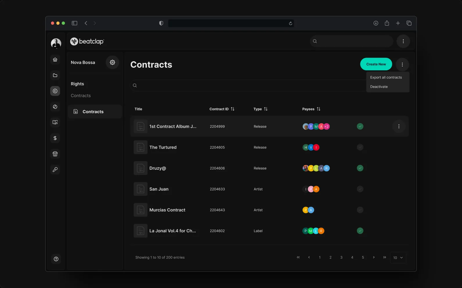Contracts table — release and artist agreements with payee splits