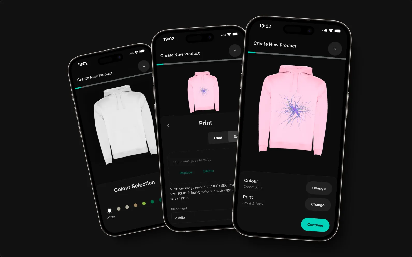 Beatstore — merch creation with colour selection, print options and live product previews