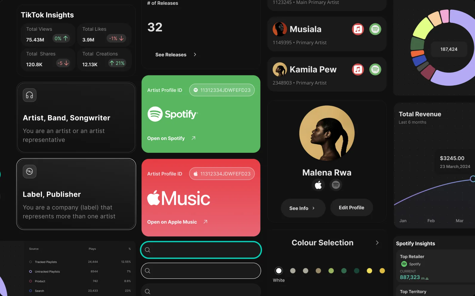 Beatclap component library — insight cards, artist profiles, platform connections and colour tokens