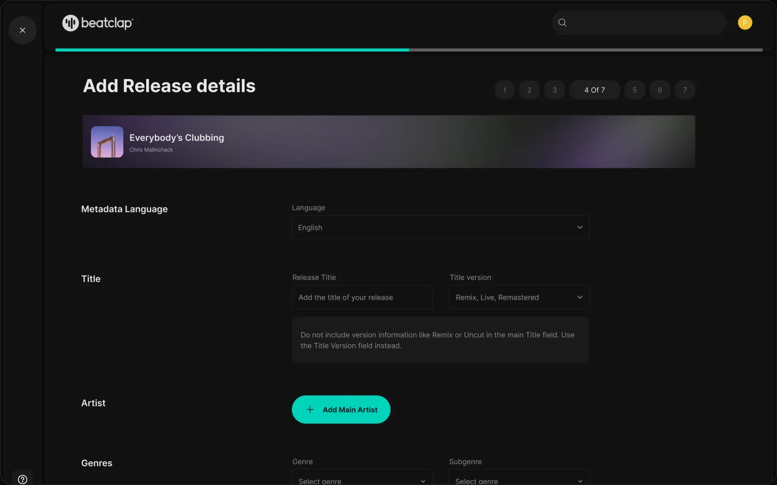 Beatclap release wizard — Add Release details step with metadata language, title and artist fields