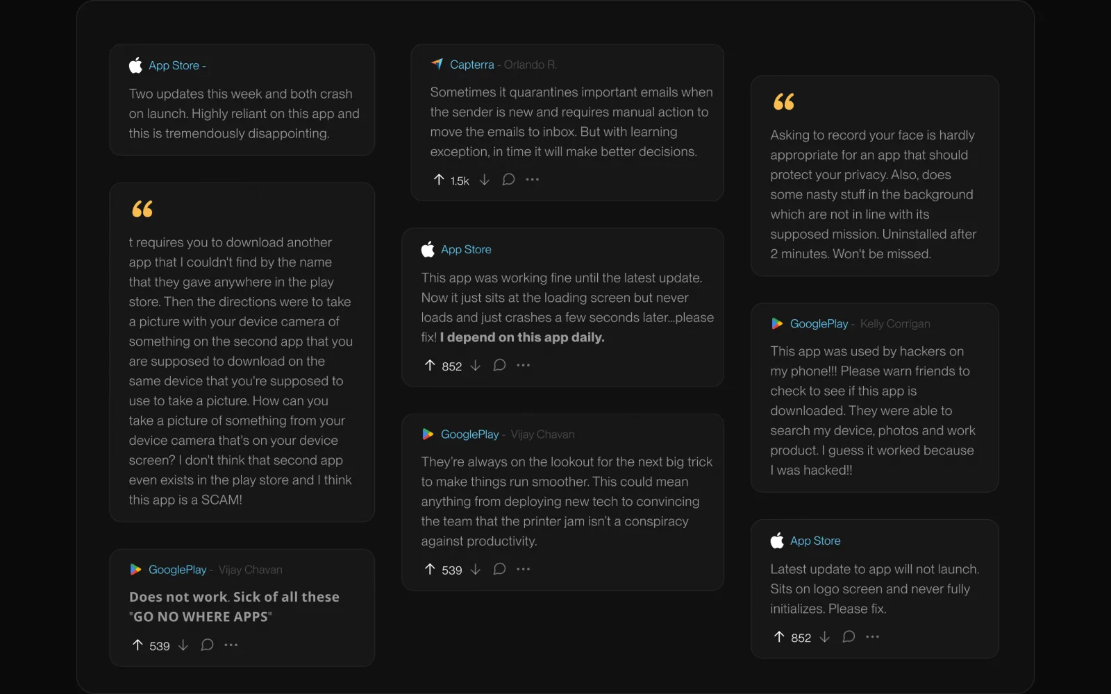 Research — real App Store and Google Play reviews clustered into recurring pain points