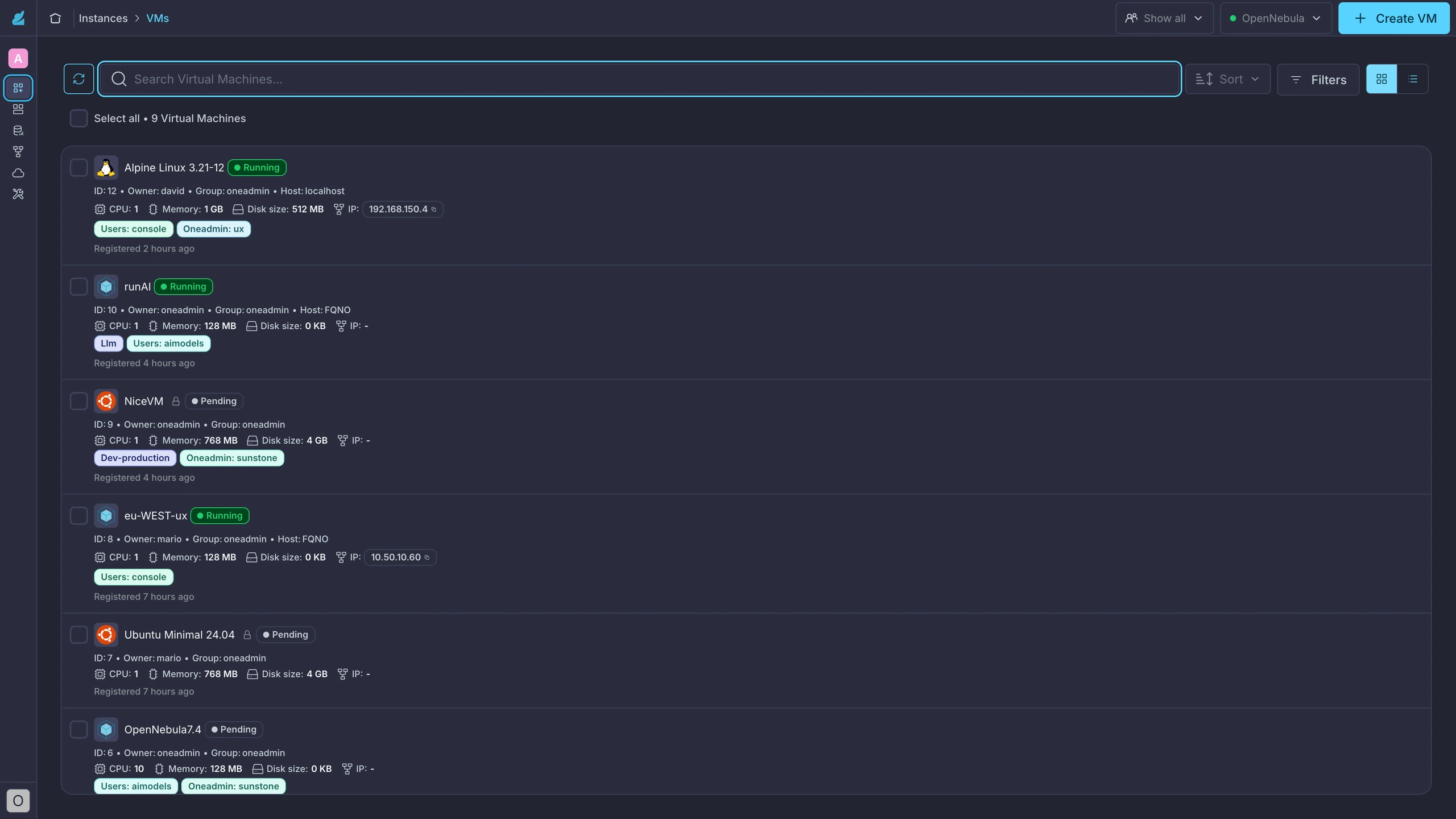 Sunstone VM list, card view, dark theme