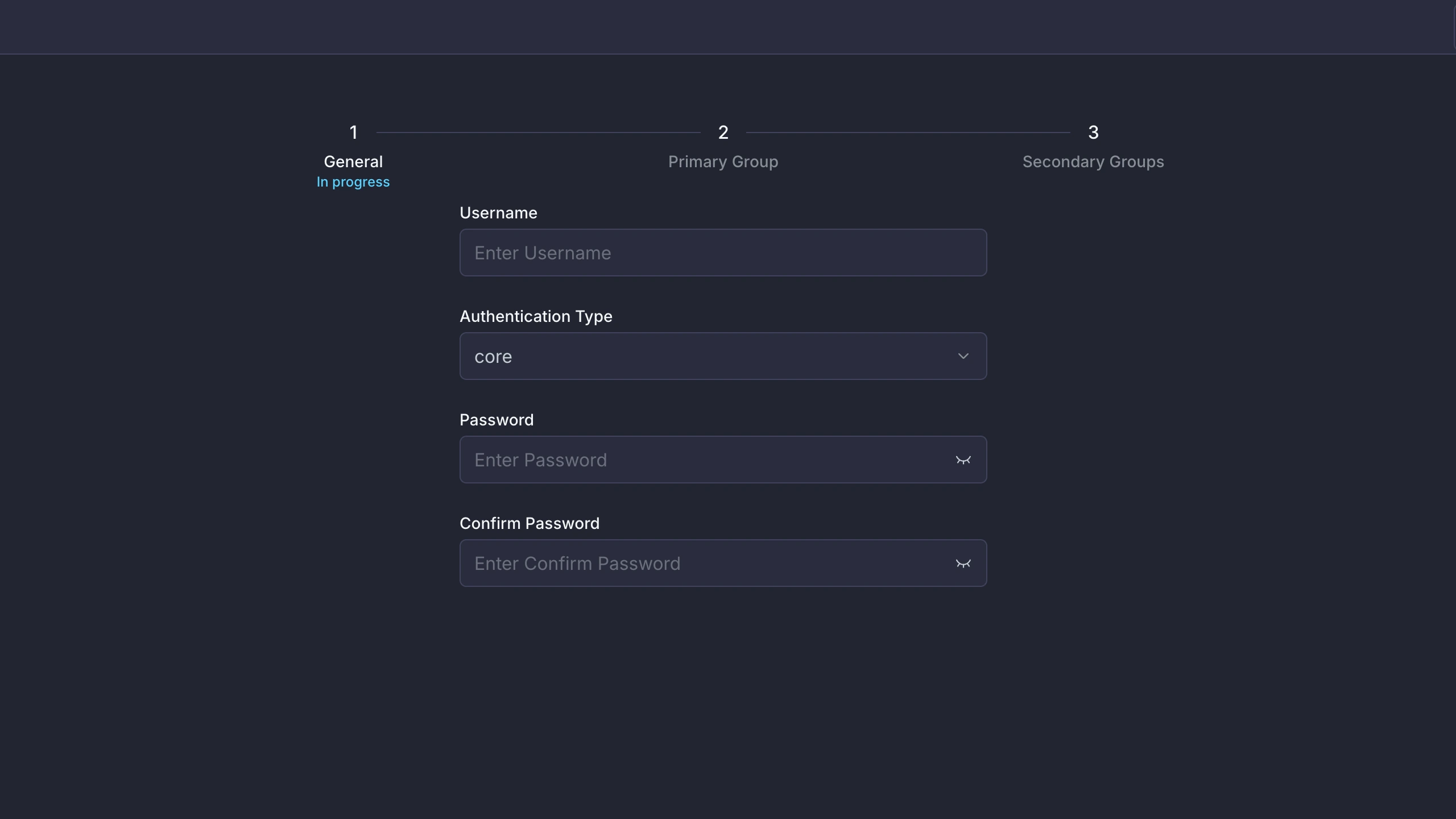 Create-user wizard, step 1 of 3 — general credentials form