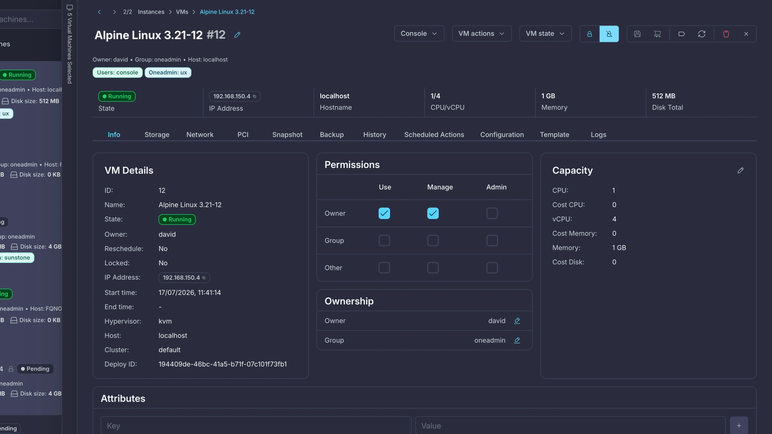 VM detail drawer, Info tab — details, permissions and capacity panels