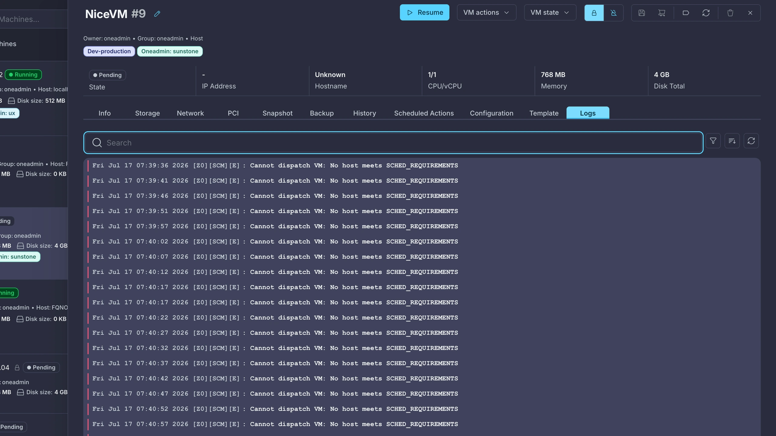 VM detail drawer, Logs tab — scheduler log stream with search