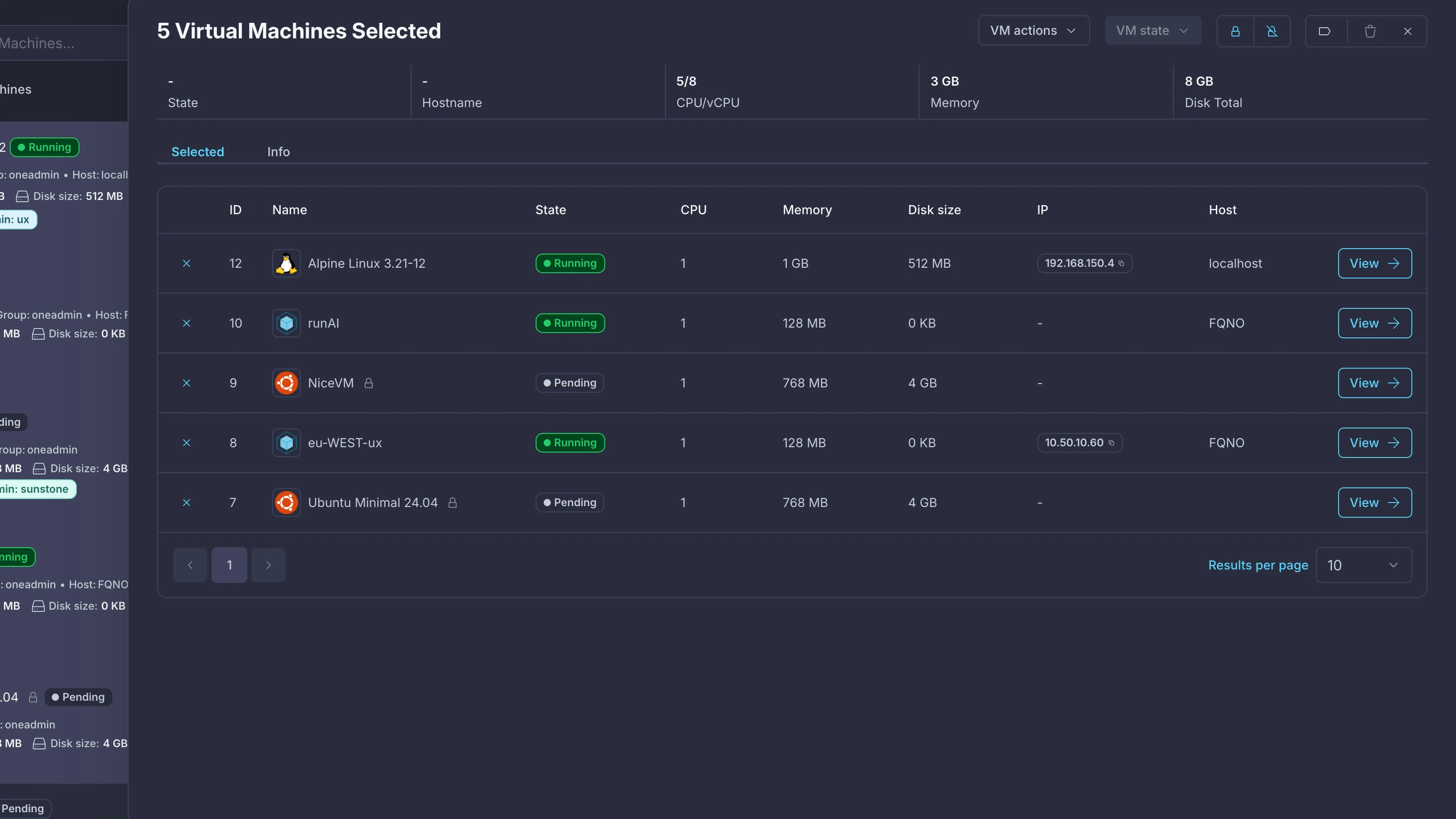 Multi-select summary — five VMs selected with aggregate stats and per-row actions