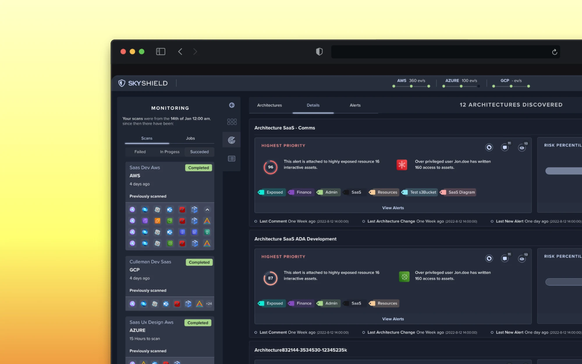 SkyShield multi-cloud monitoring in a browser window on an amber gradient — scan status beside discovered architectures