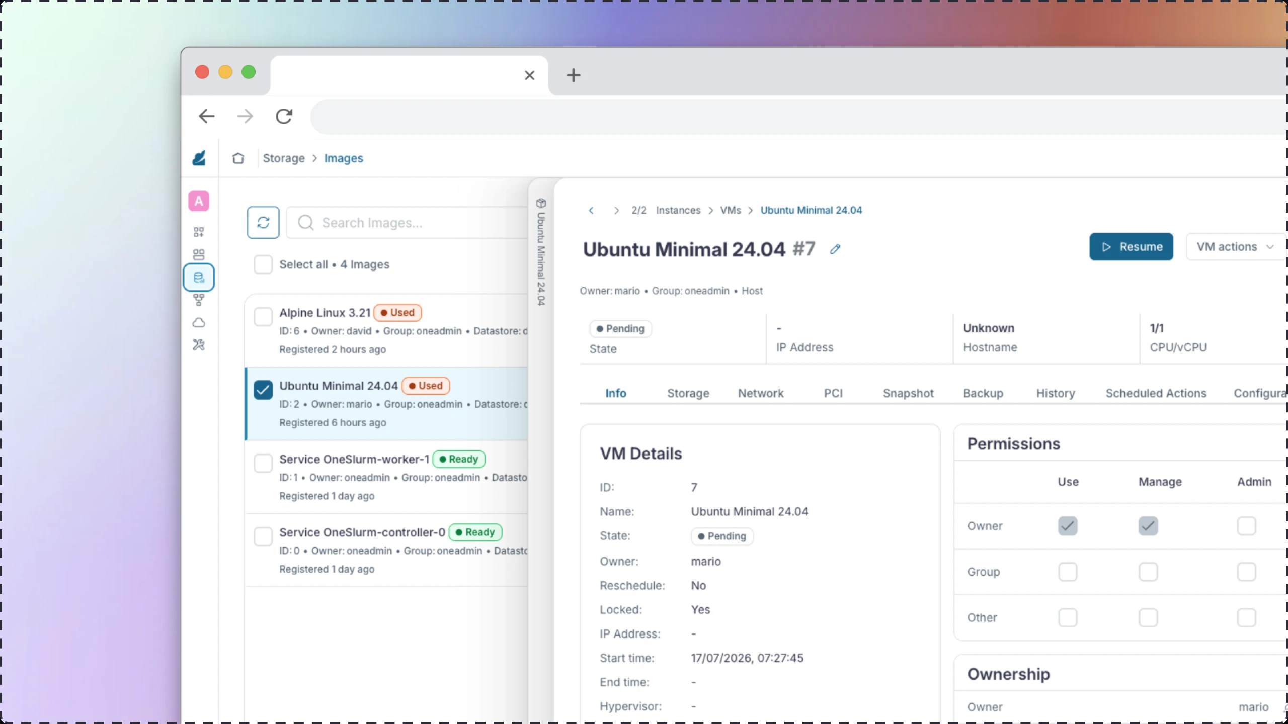 OpenNebula Sunstone in a browser window on a pastel gradient — the Images list beside an open virtual machine detail drawer showing details, permissions and ownership