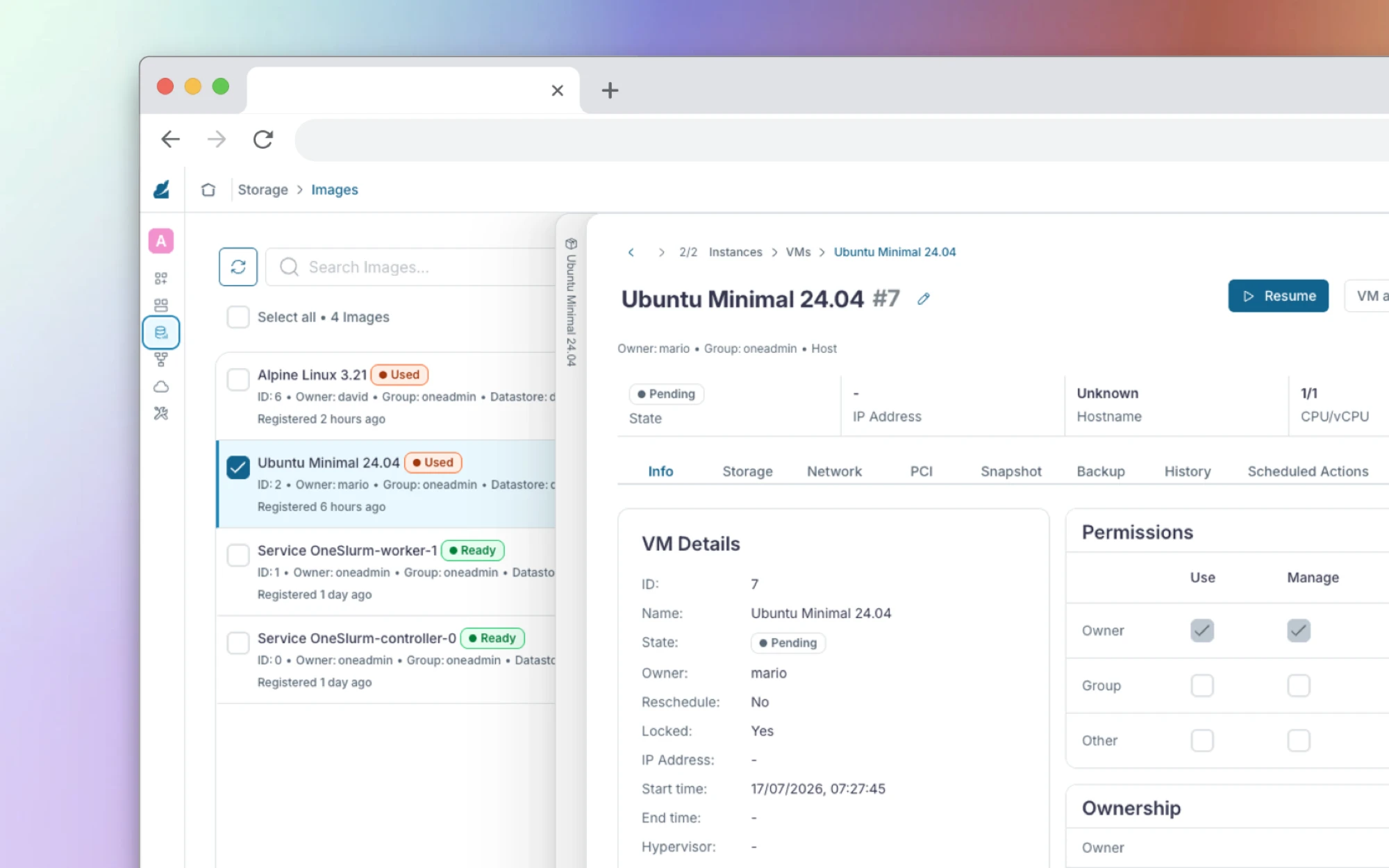 OpenNebula Sunstone in a browser window on a mint-to-coral gradient — the Images list beside an open virtual machine, its details, permissions and ownership