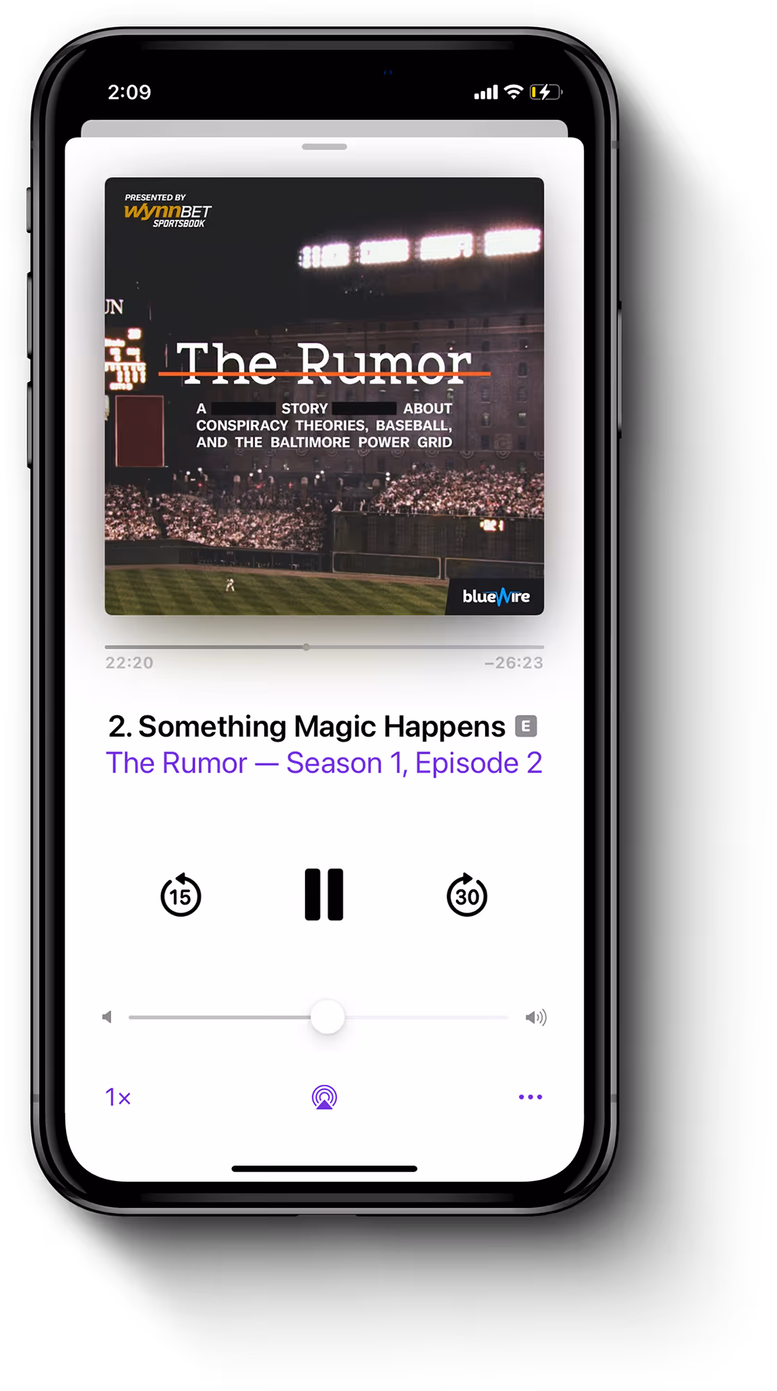 Podcast screen on phone showing The Rumor Season 1 Episode 2 playing with baseball stadium cover art.