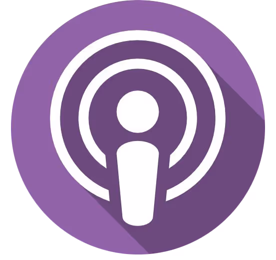 White podcast symbol with concentric circles on a purple circular background.