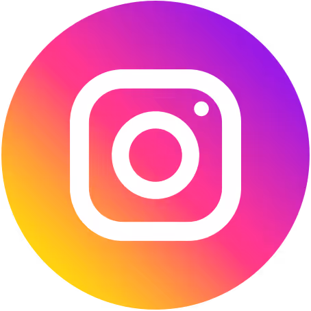 Instagram logo with white camera icon on a purple, pink, orange gradient circle background.