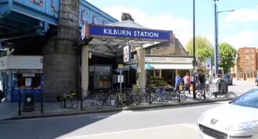 Exterior of Kilburn Tube Station on Kilburn High Road.