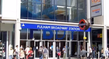 Exterior of Fulham Broadway Station in London.