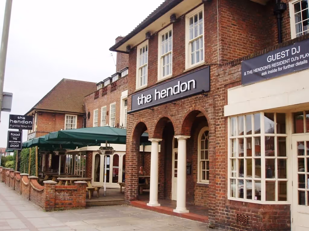 The beautiful exposed brick exterior of The Hendon Pub