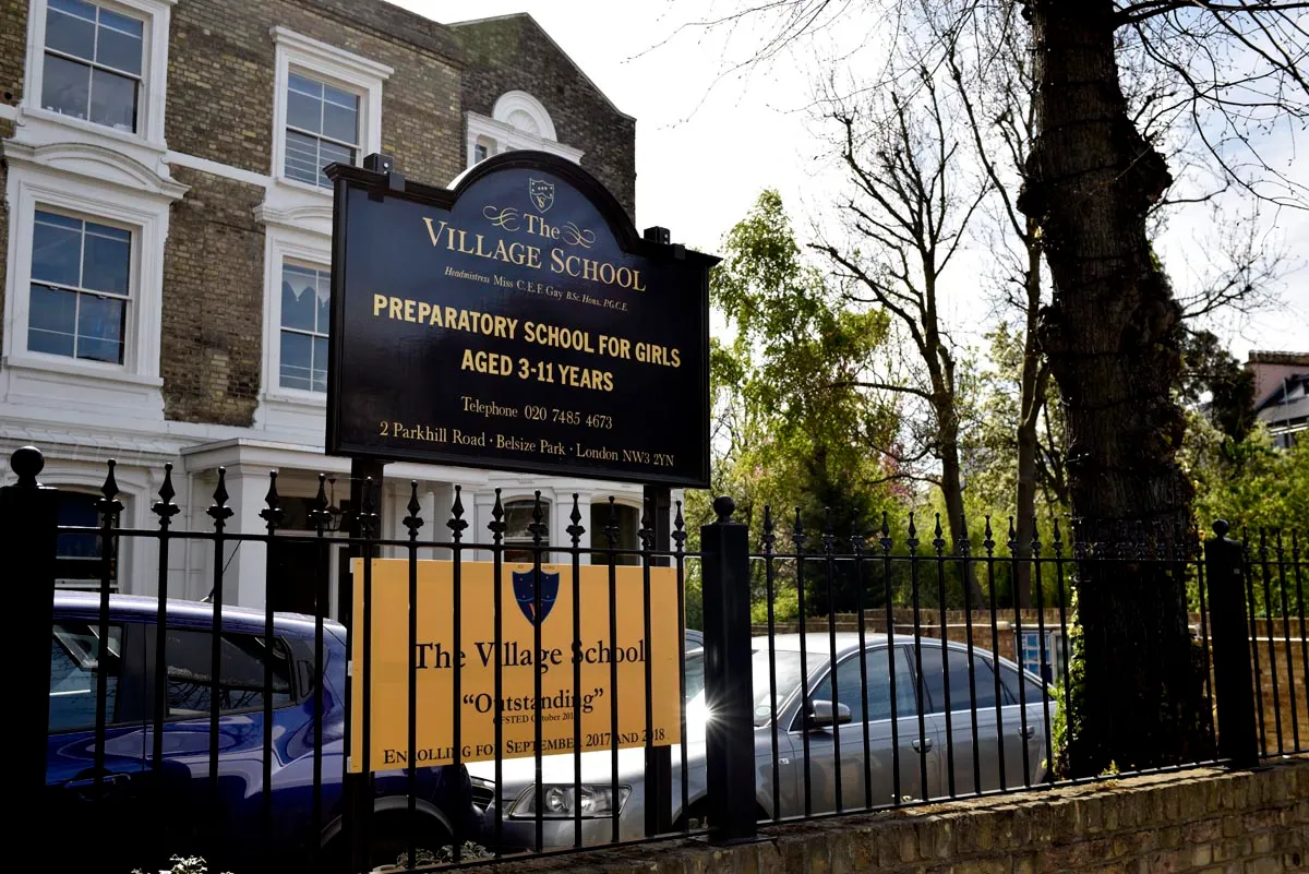 Outside gates of Village Prep school in Belsize park.