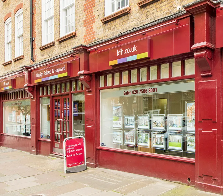 Outside red exterior of KFH in St Johns Wood