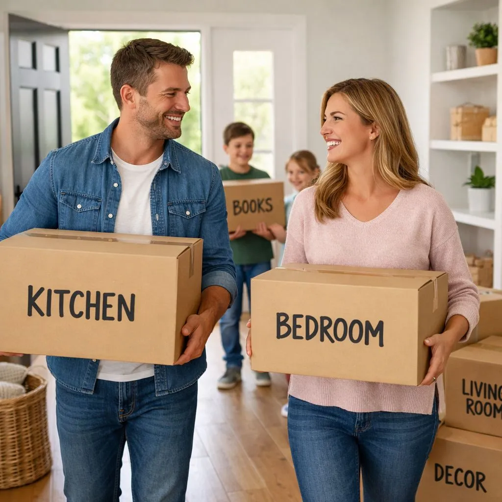 A happy couple or family carrying neatly labeled moving boxes into a bright, airy new home