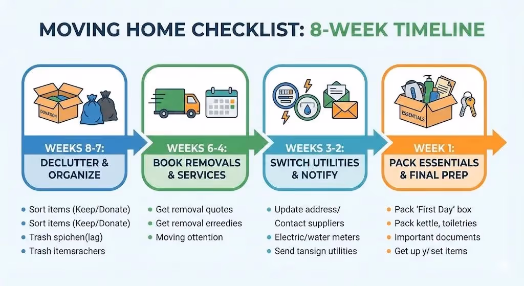 A visual 8-week countdown timeline highlighting the most critical tasks (Declutter -> Book Removals -> Switch Utilities -> Pack Essentials).