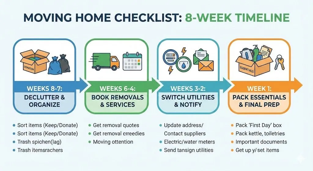 A visual 8-week countdown timeline highlighting the most critical tasks (Declutter -> Book Removals -> Switch Utilities -> Pack Essentials).