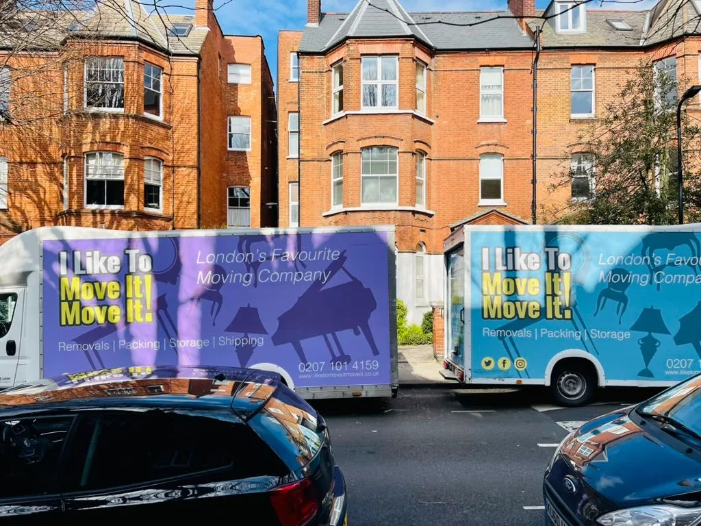 Man and Van service with 2 Luton Vans parked back to back during ongoing removal near Belsize Park NW3 | I Like to Move It Move It