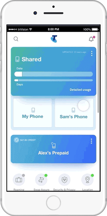 An animation of the My Telstra iOS app showing a user managing their home internet connection from their dashboard.