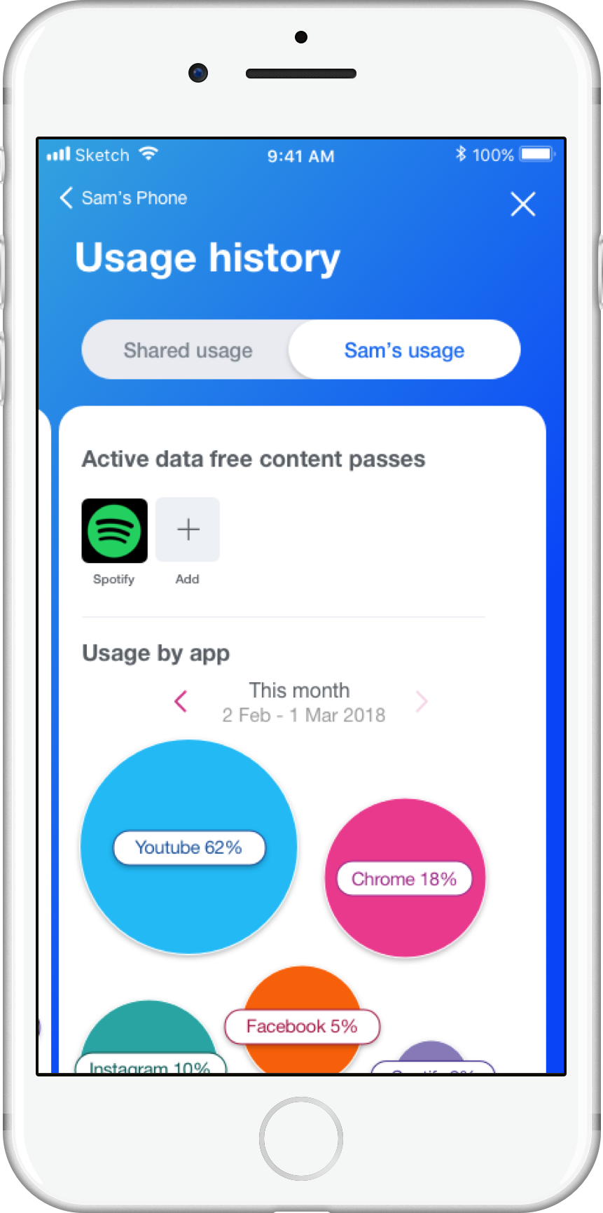 App mockup of showing a visual representation of a user's mobile data usage history.