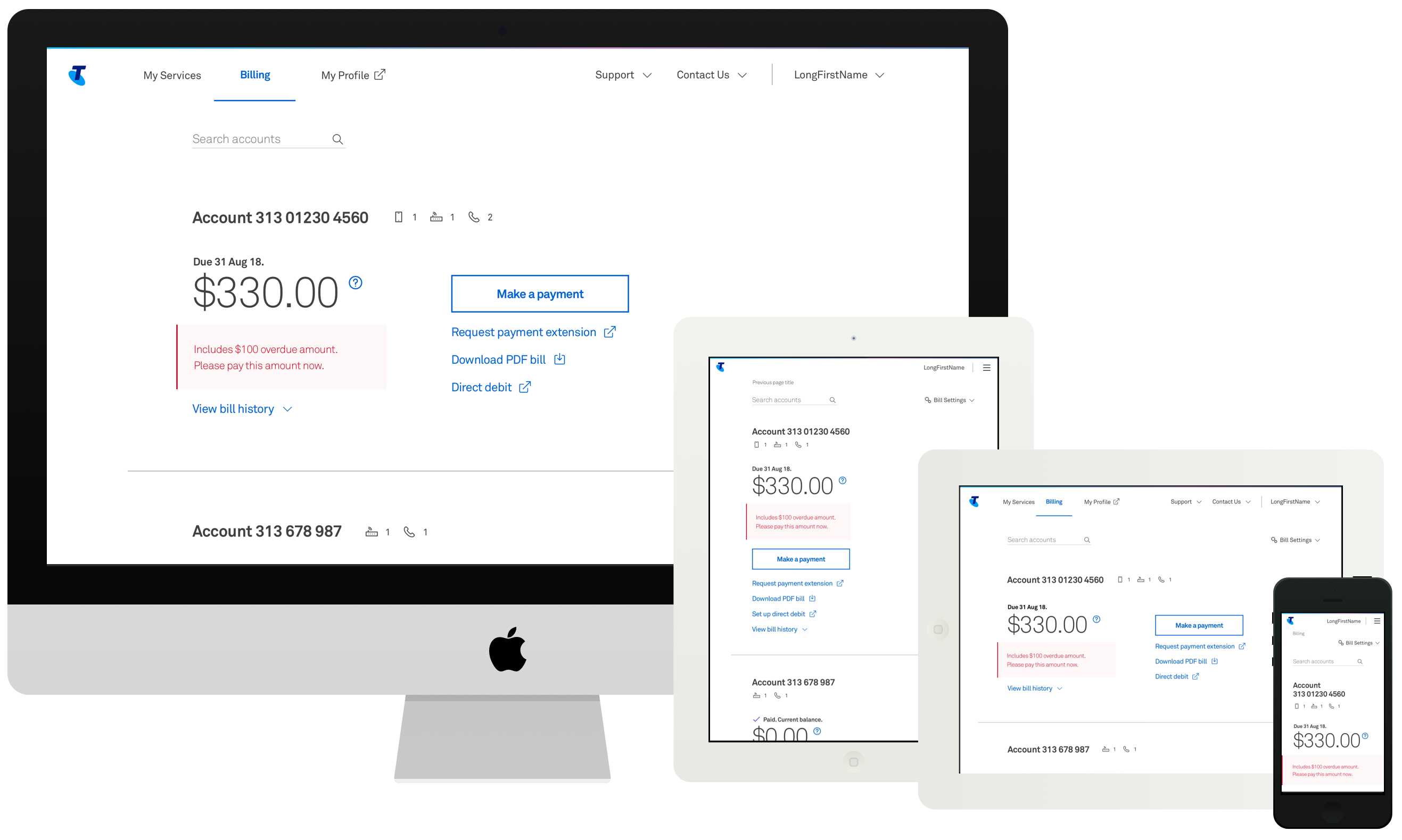 Mockups of the billing page in desktop, tablet and mobile devices