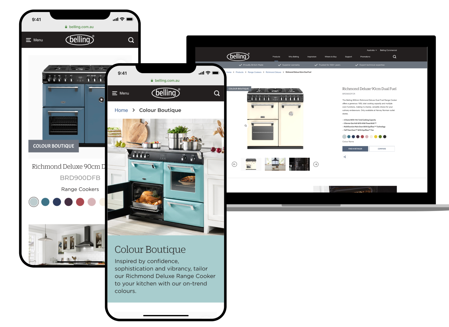 Mockups of the Belling Australia website on desktop and mobile.