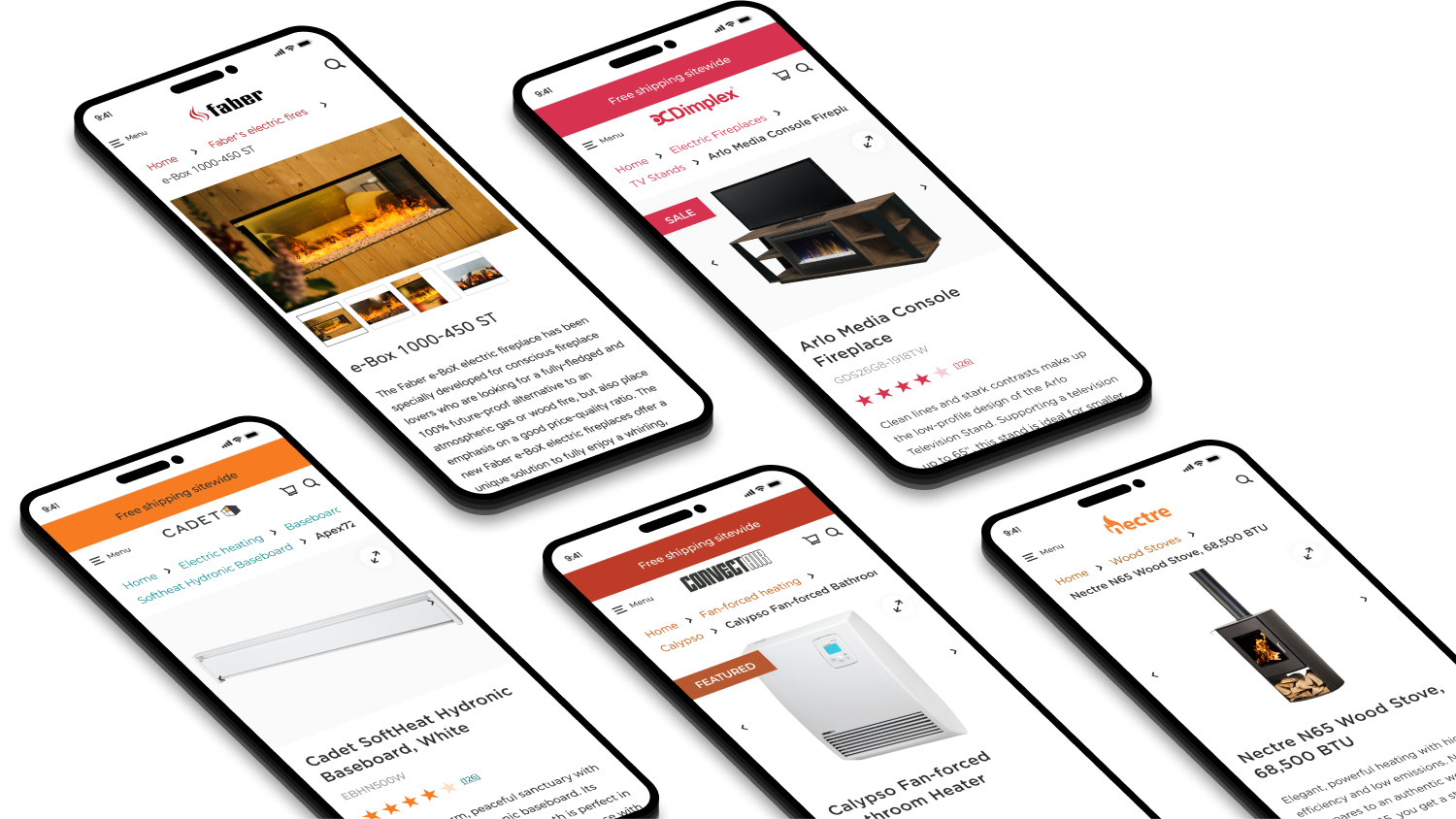 5 mobile mockups showing the product details page of 5 heating & ventilation brand websites