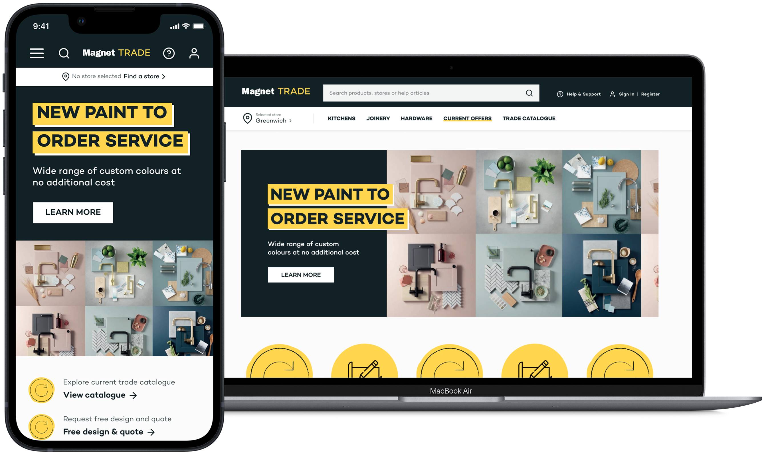 Mockups of the Magnet Trade homepage in mobile and desktop devices