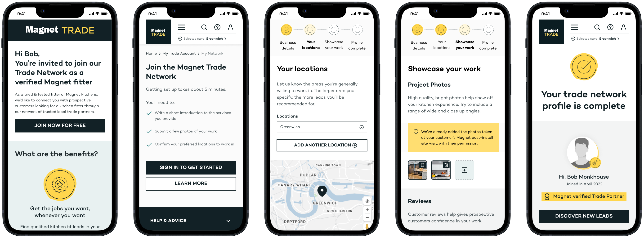 Mobile mockups of the Join trade network flow, showing a user confirming their location and project photos as part of setting up their profile.
