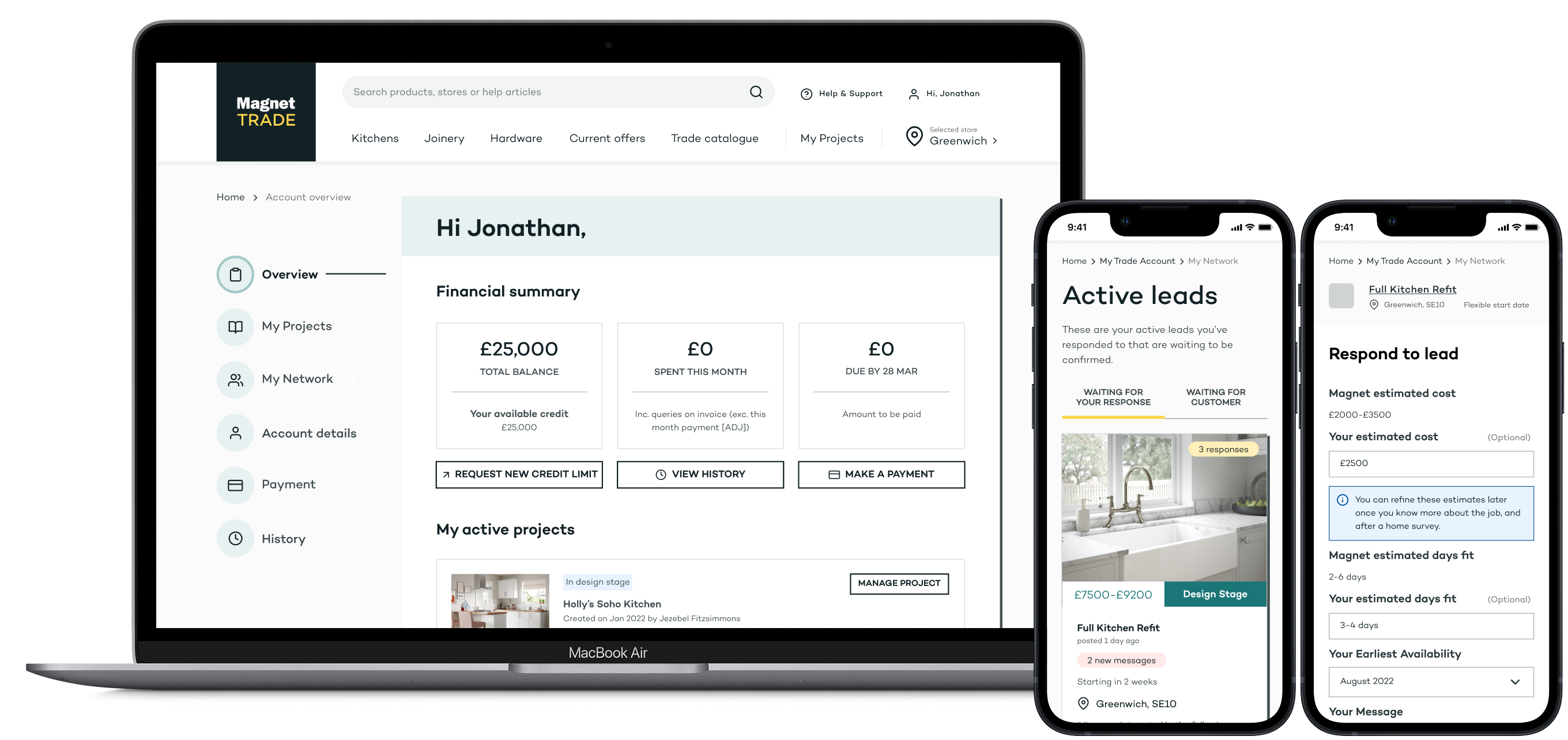 Mockups of the Magnet Trade account showing a user's dashboard and lead management tools.