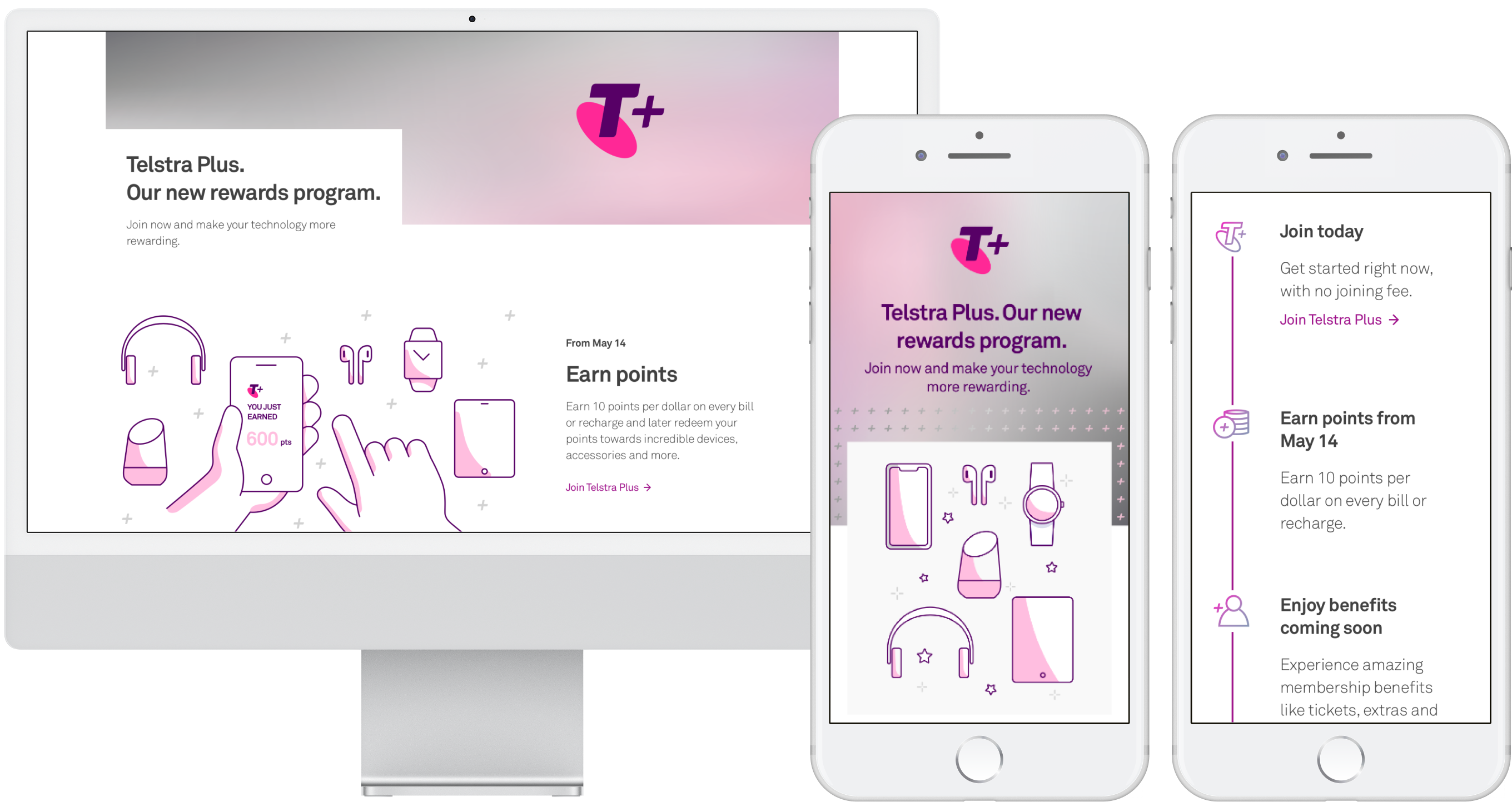 Mockups showing the Telstra Plus rewards program landing page on desktop and mobile devies.