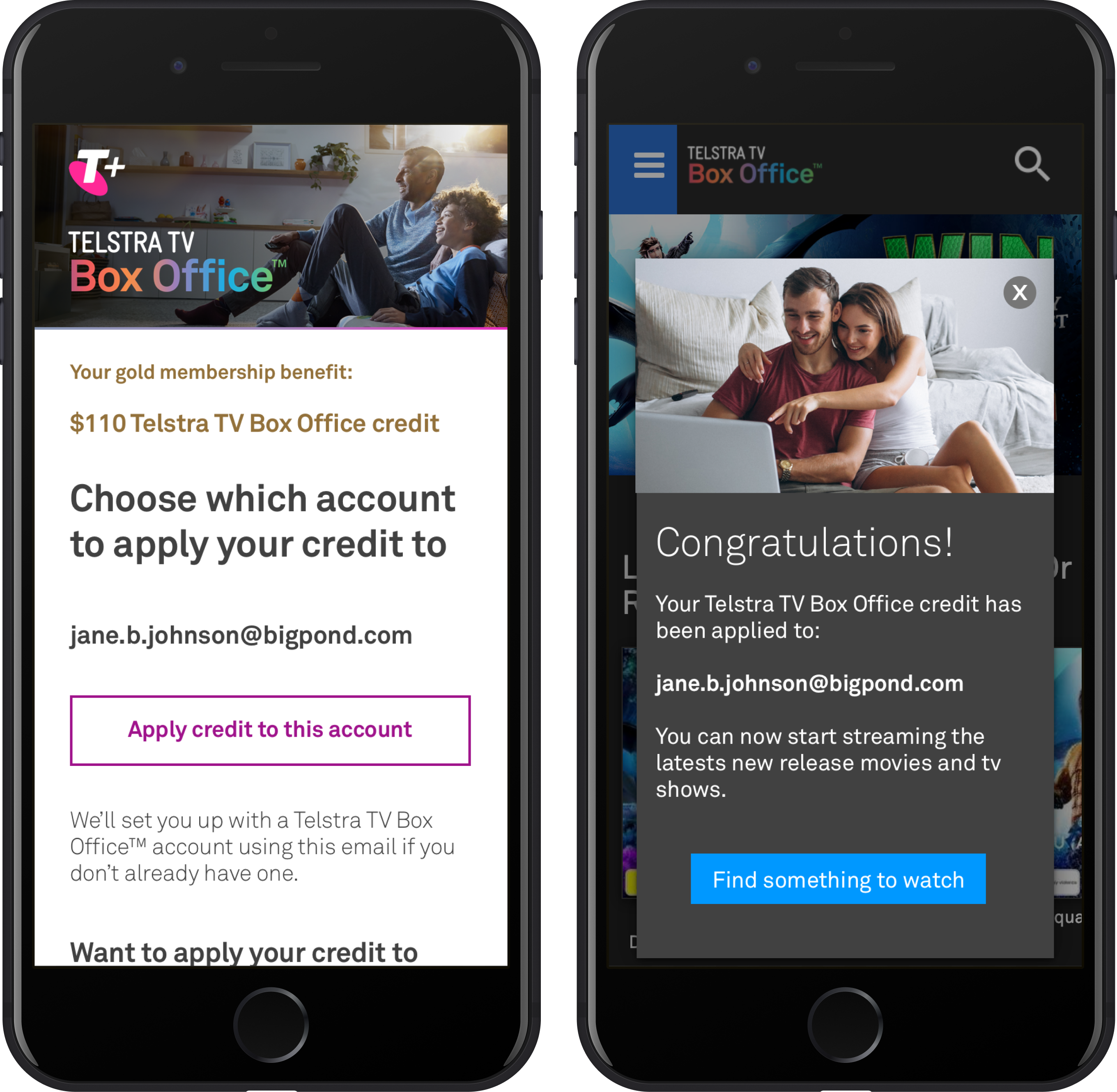 Mobile mockups showing how a customer would redeem a credit for their Telstra TV Box office.