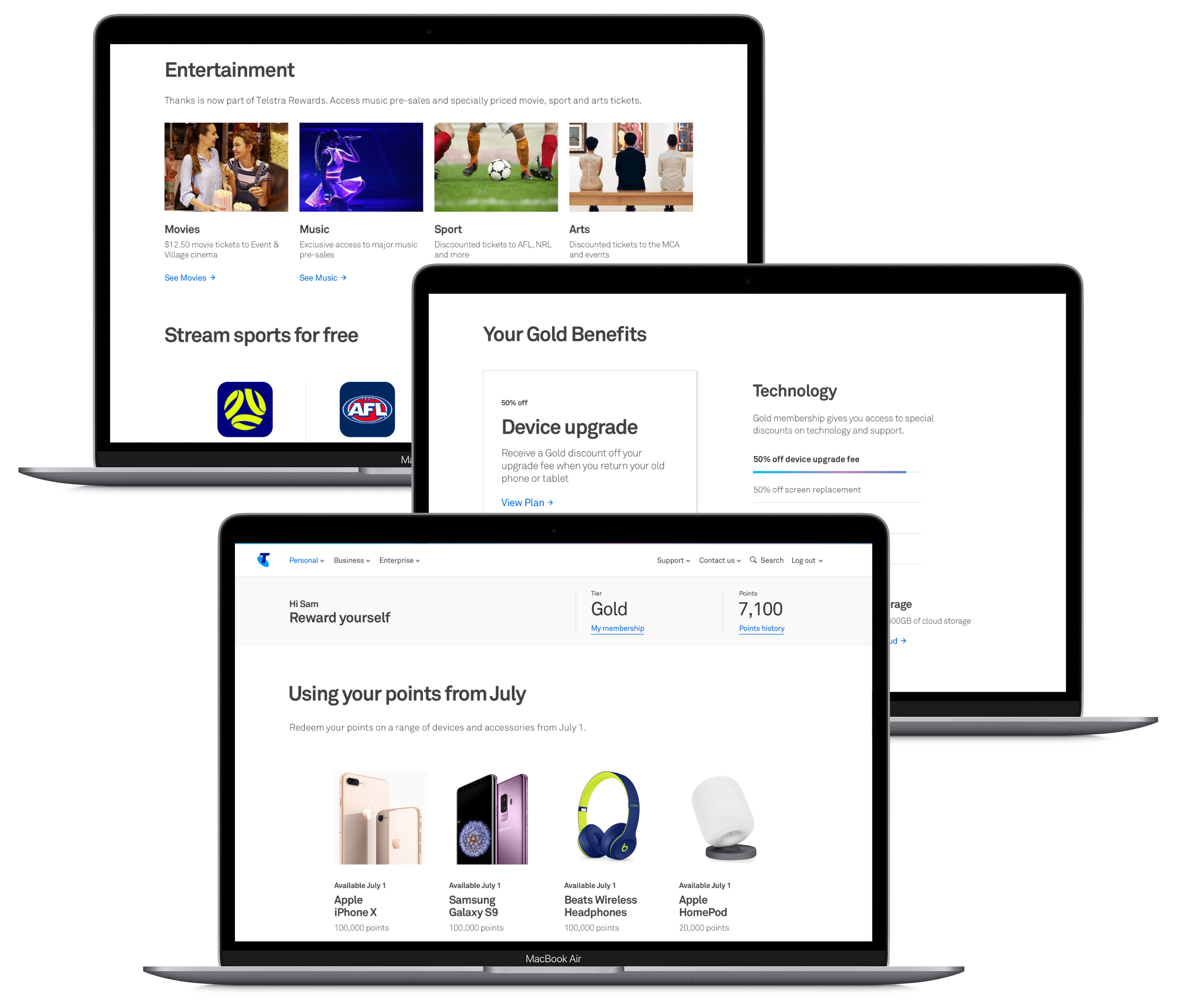 Desktop mockups of the Telstra Plus account page showing how customers will be able to use their points soon.