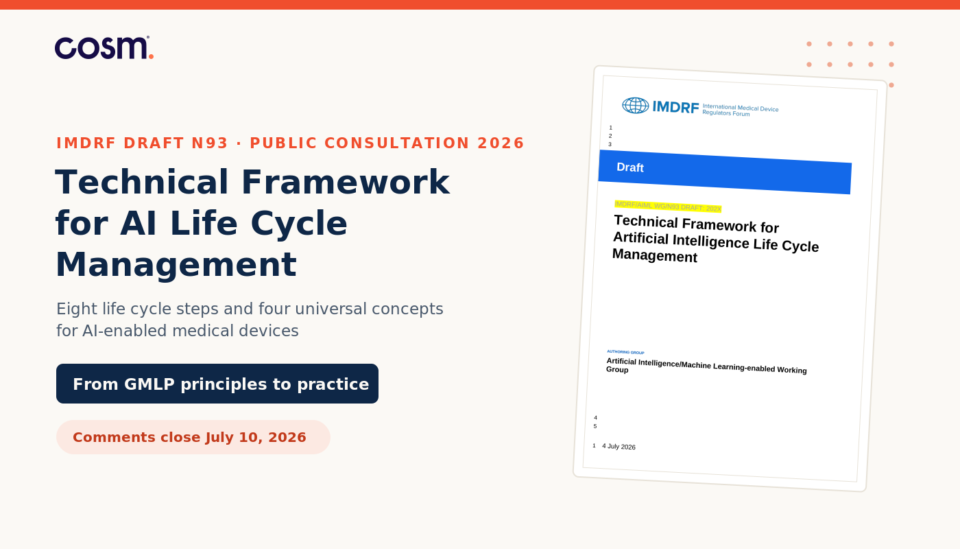 Cosm branded graphic showing the IMDRF N93 draft Technical Framework for AI Life Cycle Management cover page