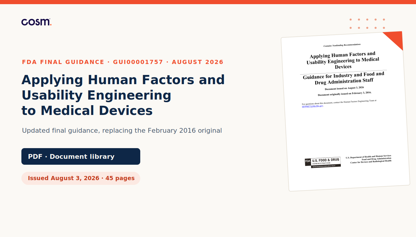 FDA's updated human factors guidance for medical devices, listing what changed: QMSR alignment, ISO 14971:2019 terminology, removal of the HFE/UE report appendix, and a new worked examples appendix.